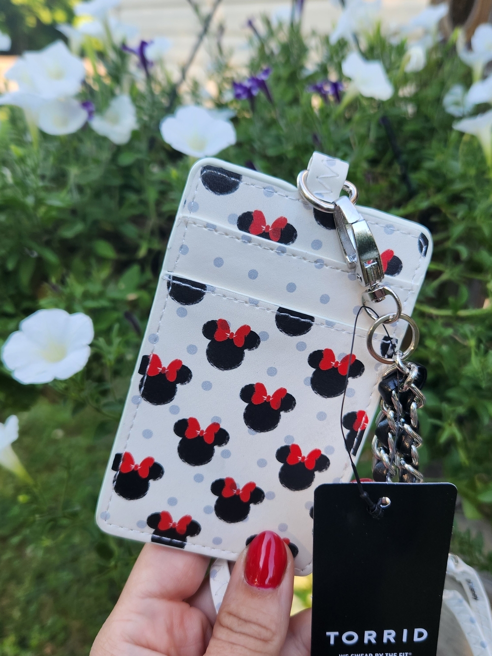 Loungefly White Minnie Pattern Cardholder Lanyard with Red Bows